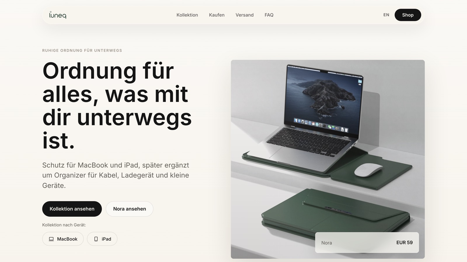 Startseite von luneq.eu heute: ruhiges Layout, große Schrift, ein Produktfoto und klare Buttons.