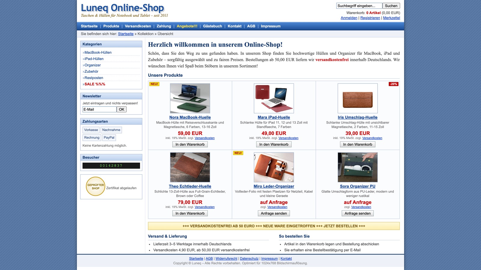 Dieselben Produkte in der Machart der frühen 2010er: schmale feste Spalte, blaue Balkennavigation, winzige Bilder, Besucherzähler.