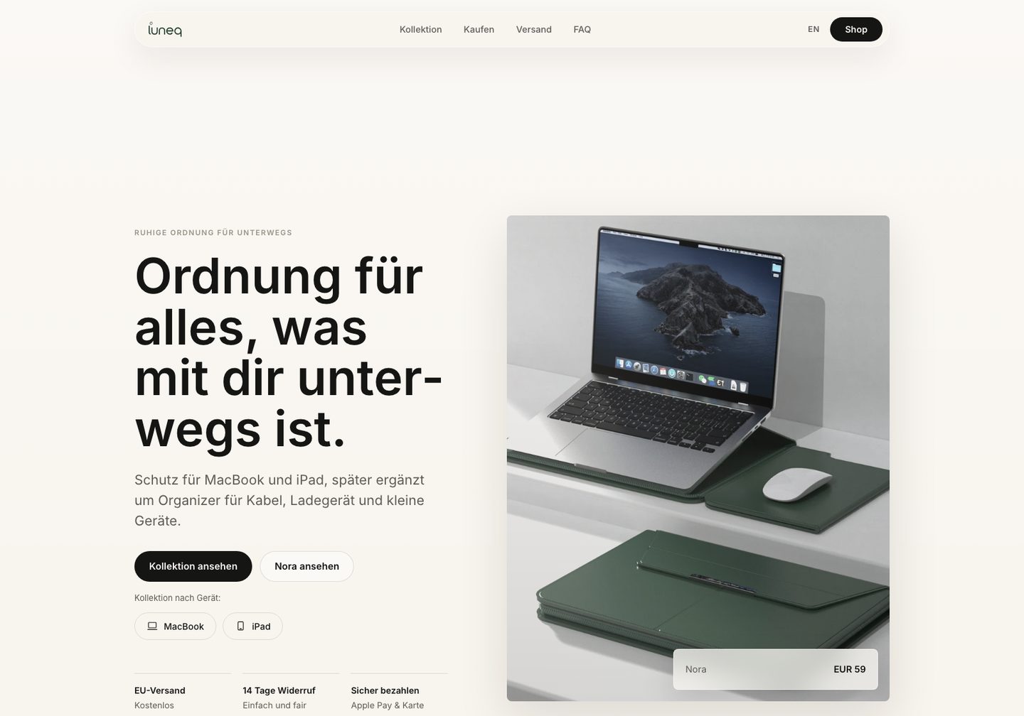 Startseite von luneq.eu: Kopfzeile mit Navigation, große Headline, Produktfoto, Preis-Karte.